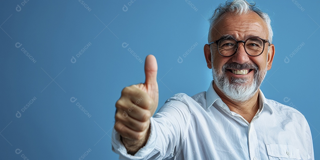 Homem de meia idade dando sinal de positivo expressão feliz alegre fundo isolado
