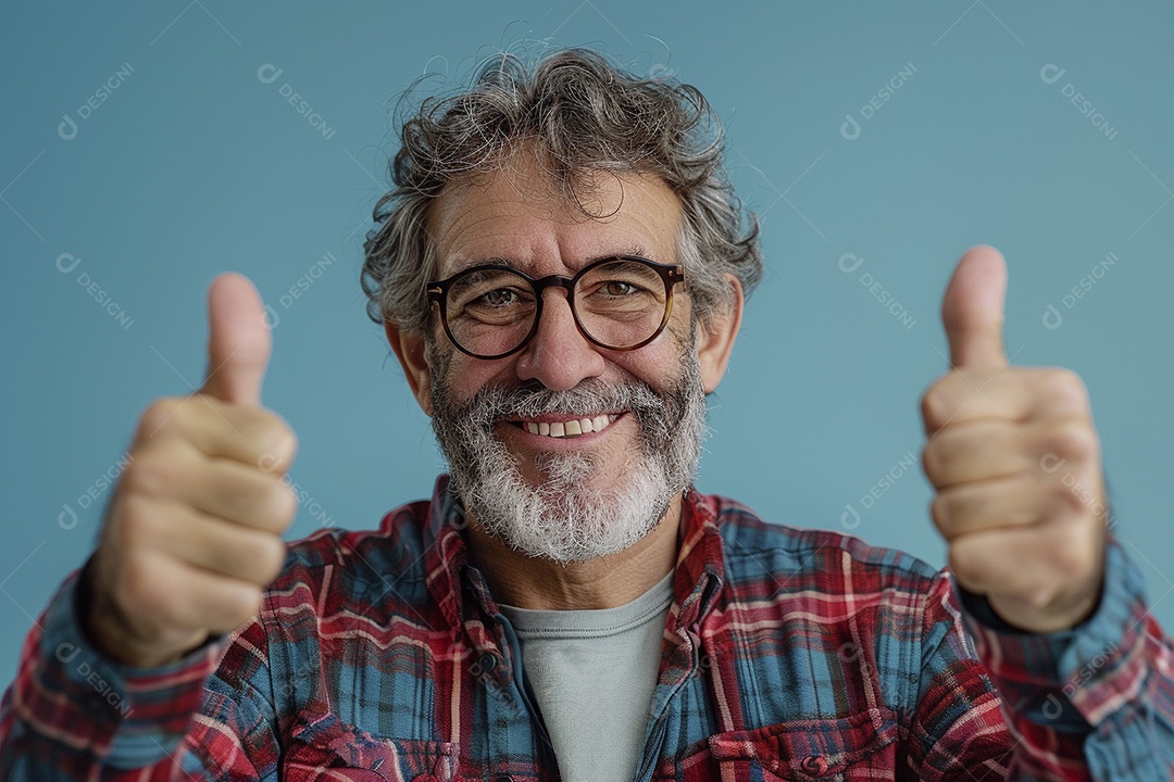 Homem de meia idade dando sinal de positivo expressão feliz alegre fundo isolado