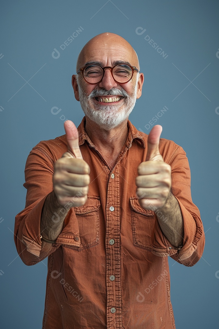 Homem de meia idade dando sinal de positivo expressão feliz alegre fundo isolado