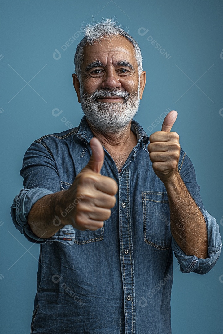 Homem de meia idade dando sinal de positivo expressão feliz alegre fundo isolado