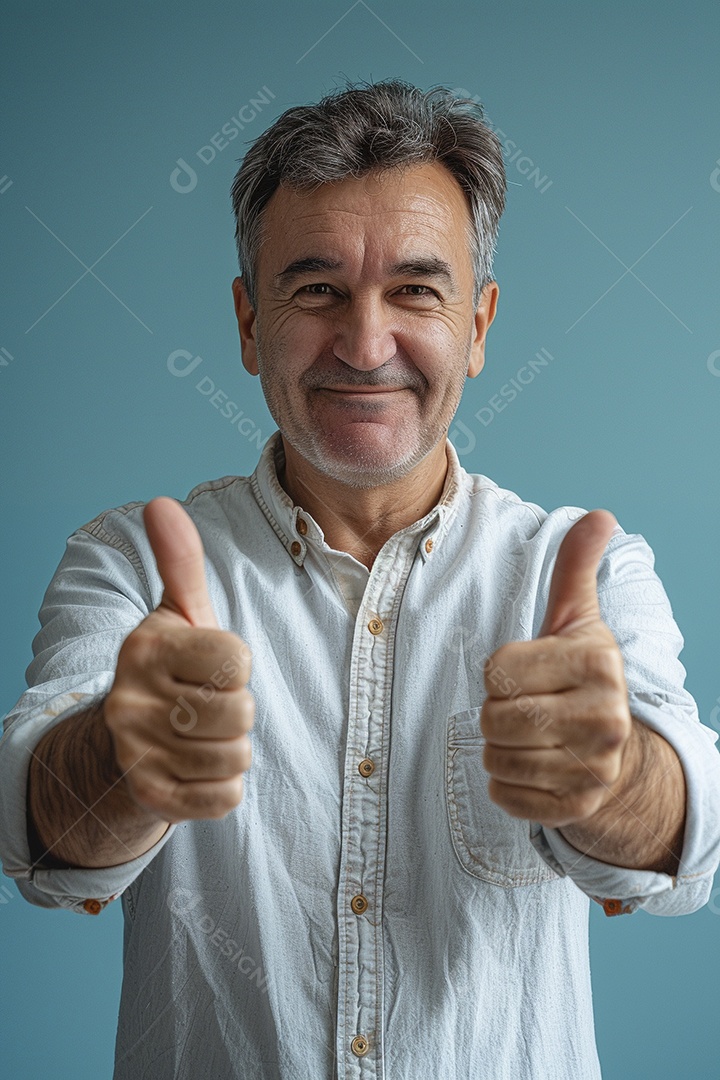 Homem de meia idade dando sinal de positivo expressão feliz alegre fundo isolado