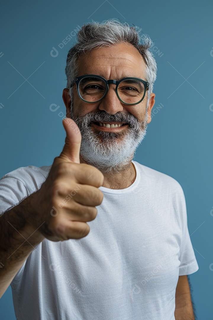 Homem de meia idade dando sinal de positivo expressão feliz alegre fundo isolado