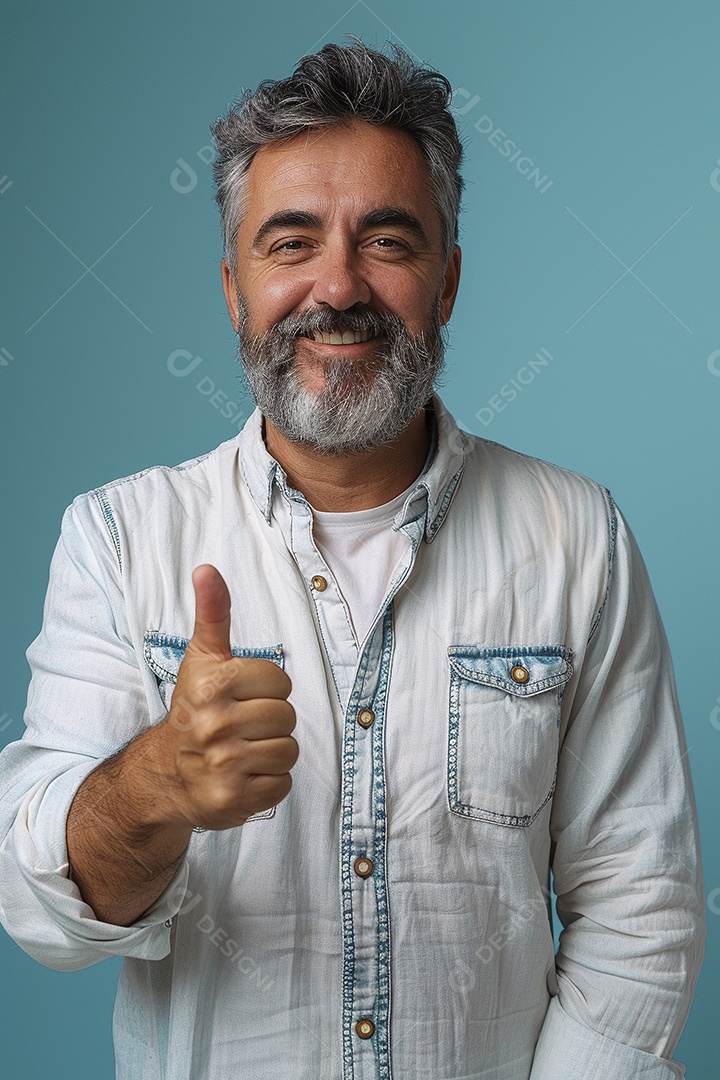 Homem de meia idade dando sinal de positivo expressão feliz alegre fundo isolado