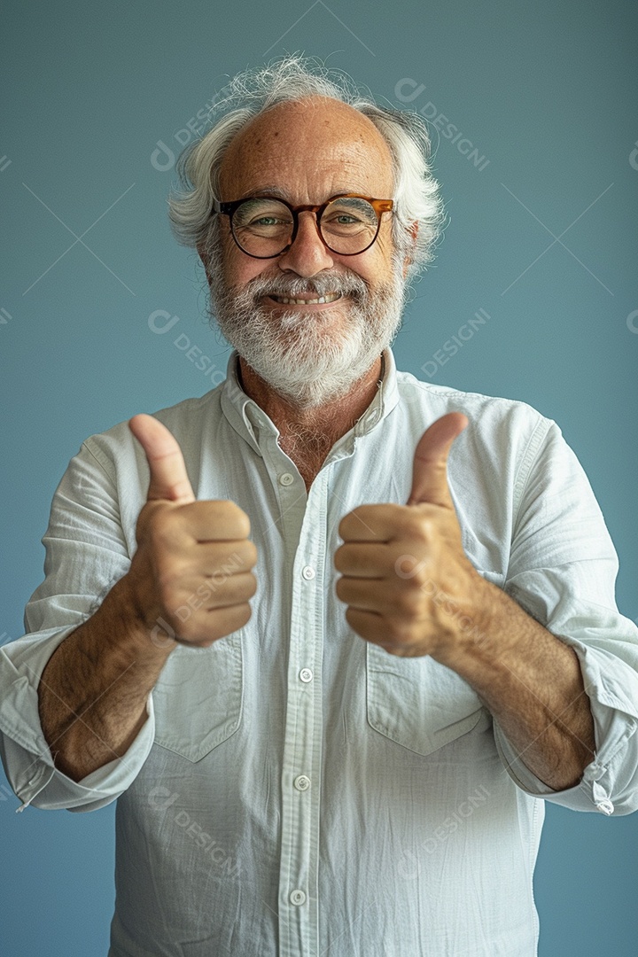 Homem de meia idade dando sinal de positivo expressão feliz alegre fundo isolado