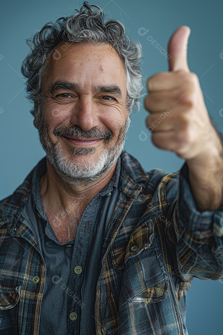 Homem de meia idade dando sinal de positivo expressão feliz alegre fundo isolado