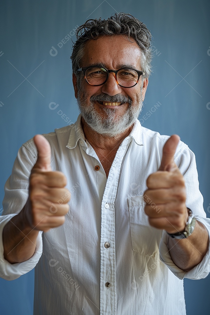 Homem de meia idade dando sinal de positivo expressão feliz alegre fundo isolado