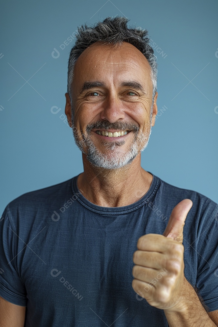 Homem de meia idade dando sinal de positivo expressão feliz alegre fundo isolado