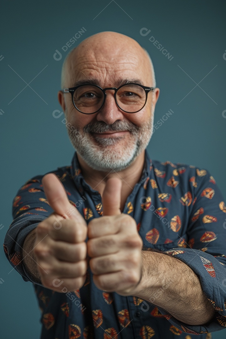 Homem de meia idade dando sinal de positivo expressão feliz alegre fundo isolado