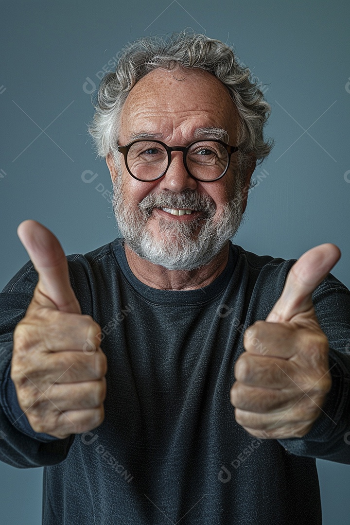 Homem de meia idade dando sinal de positivo expressão feliz alegre fundo isolado