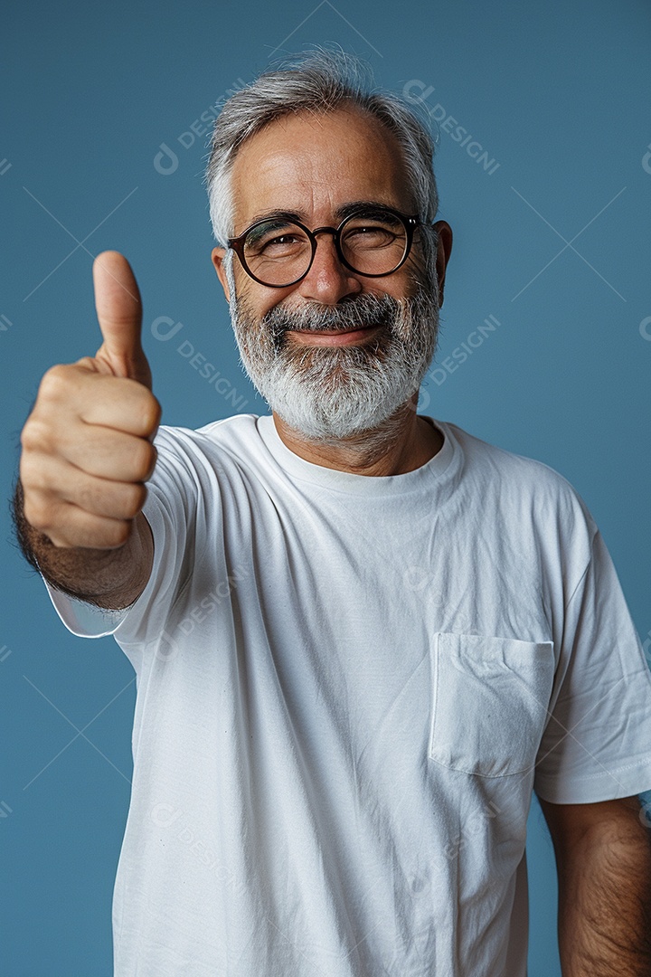 Homem de meia idade dando sinal de positivo expressão feliz alegre fundo isolado