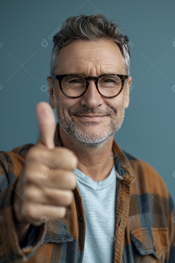 Homem de meia idade dando sinal de positivo expressão feliz alegre fundo isolado