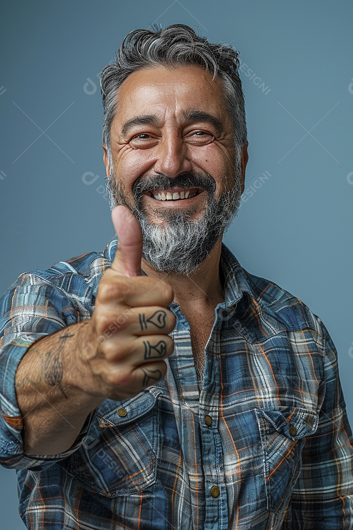 Homem de meia idade dando sinal de positivo expressão feliz alegre fundo azul