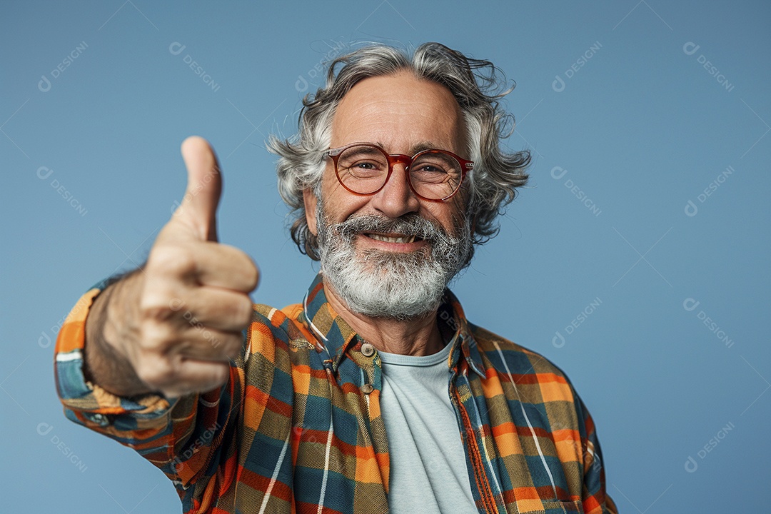 Homem de meia idade dando sinal de positivo expressão feliz alegre fundo azul