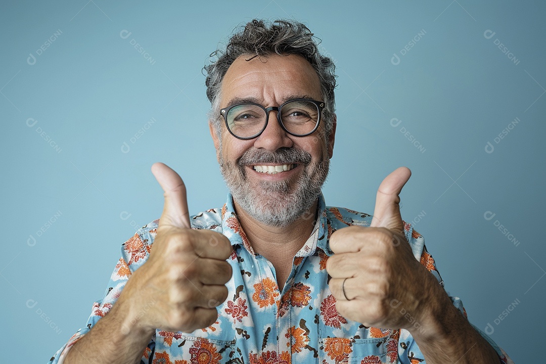 Homem de meia idade dando sinal de positivo expressão feliz alegre fundo azul