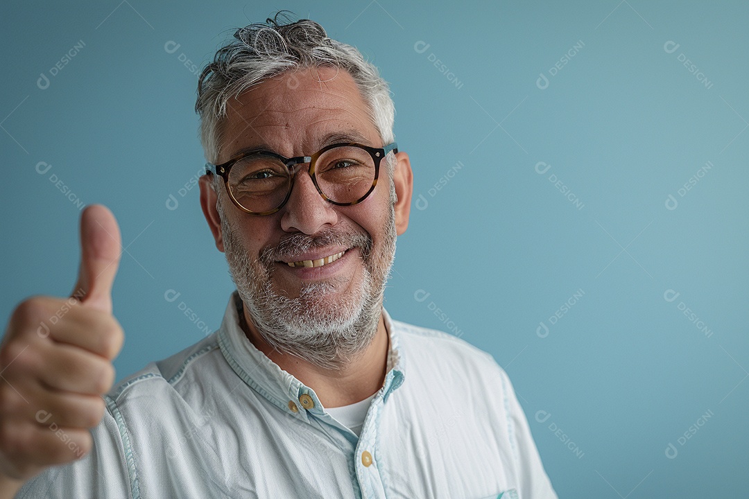 Homem de meia idade dando sinal de positivo expressão feliz alegre fundo azul