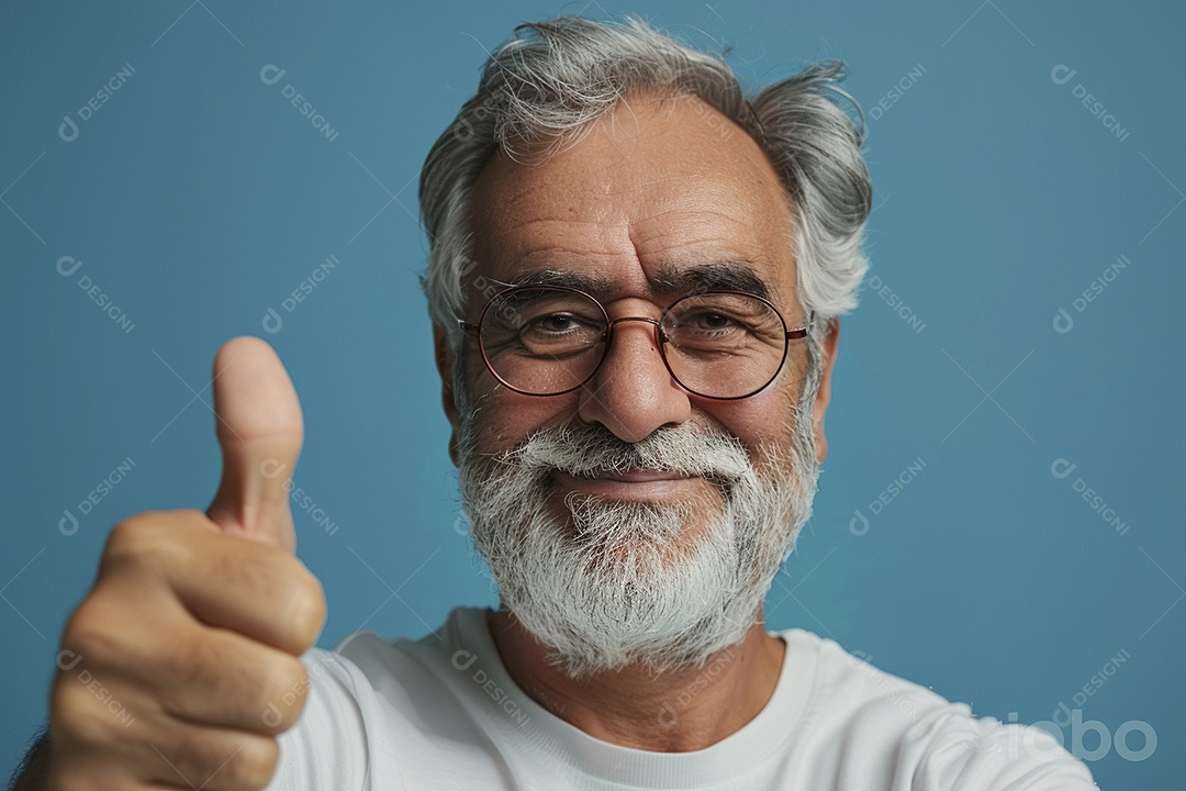 Homem de meia idade dando sinal de positivo expressão feliz alegre fundo azul