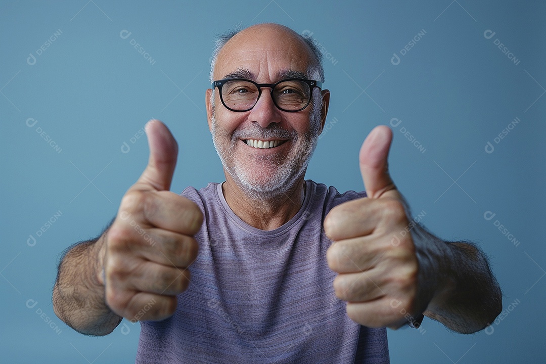 Homem de meia idade dando sinal de positivo expressão feliz alegre fundo azul