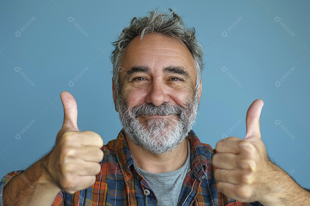 Homem de meia idade dando sinal de positivo expressão feliz alegre fundo azul