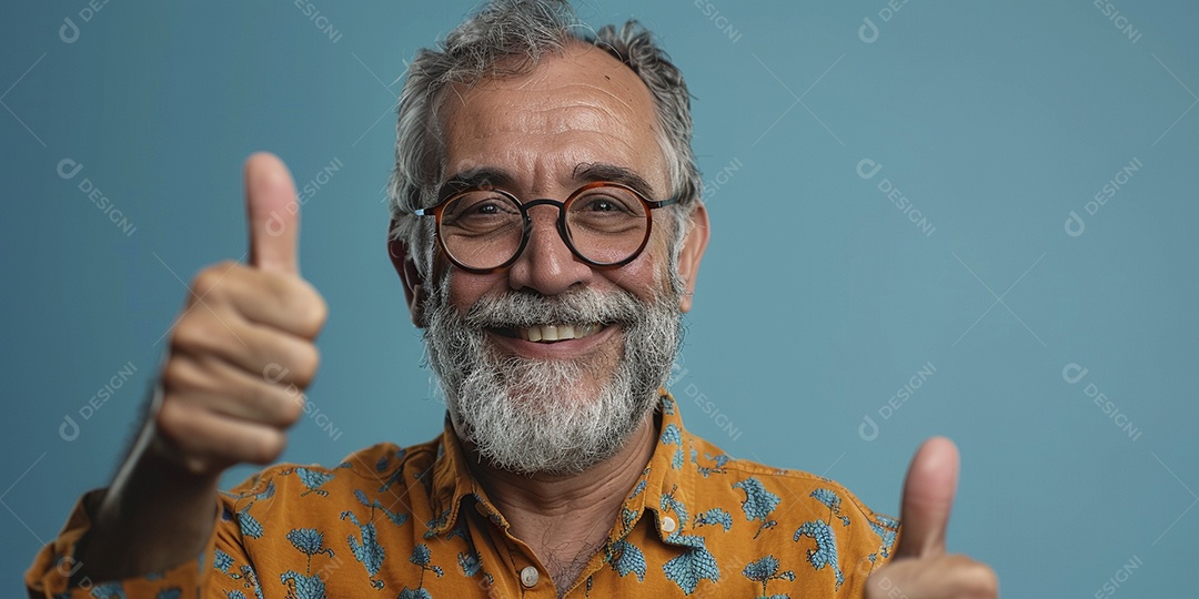 Homem de meia idade dando sinal de positivo expressão feliz alegre fundo azul