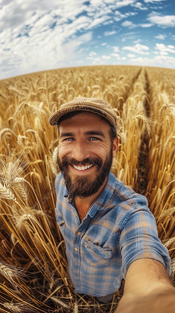 Um homem fazendeiro está em um campo de trigo dourado