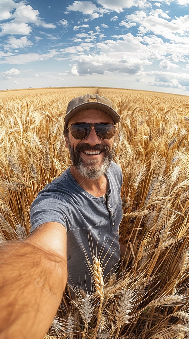 Um homem fazendeiro está em um campo de trigo dourado