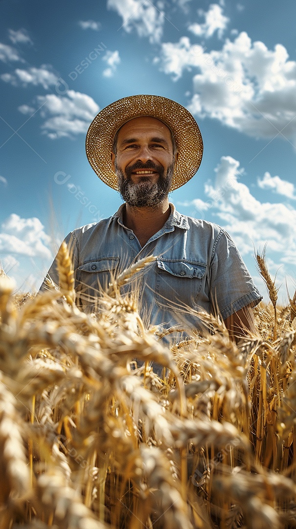 Um homem fazendeiro está em um campo de trigo dourado