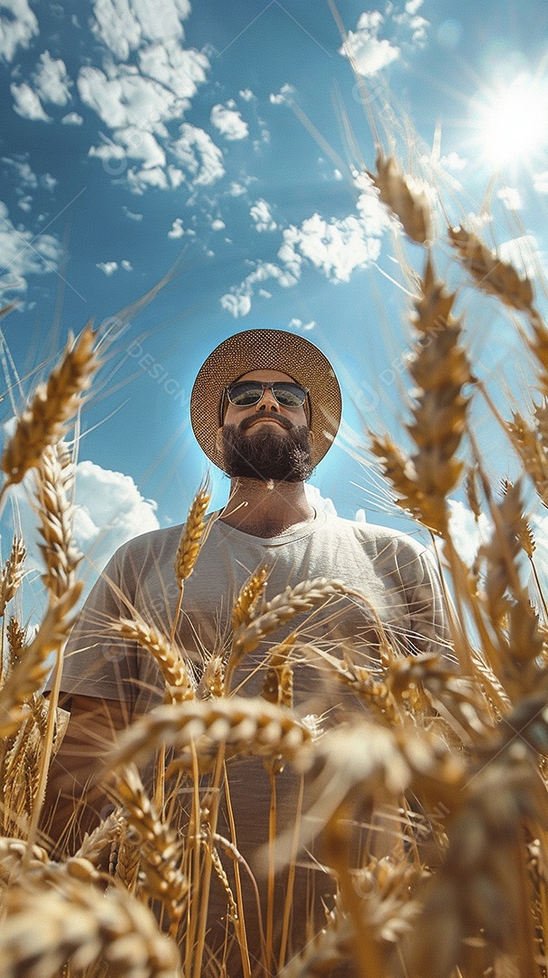 Um homem fazendeiro está em um campo de trigo dourado