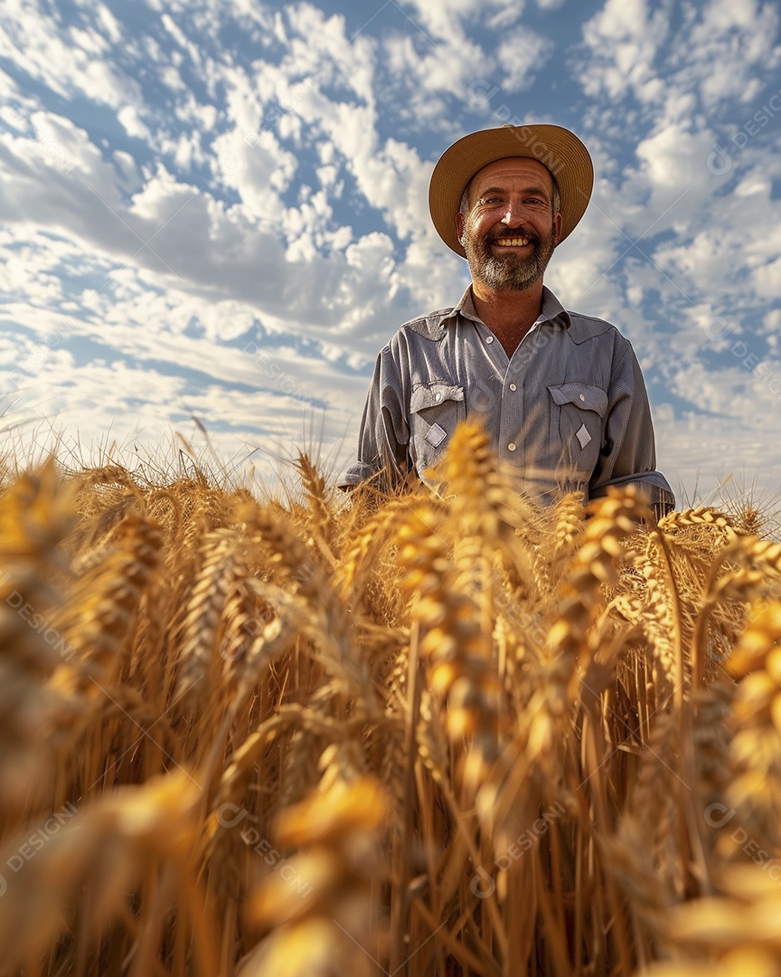 Um homem fazendeiro está em um campo de trigo dourado