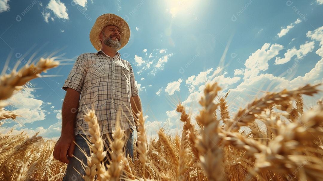 Um homem fazendeiro está em um campo de trigo dourado
