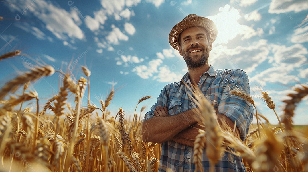 Um homem fazendeiro está em um campo de trigo dourado