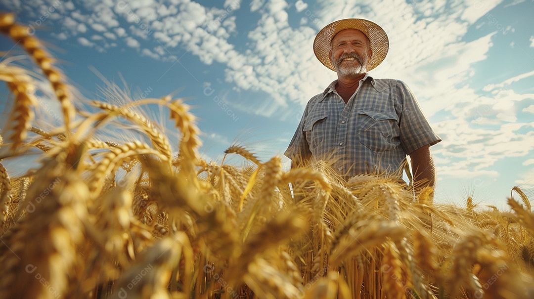 Um homem fazendeiro está em um campo de trigo dourado
