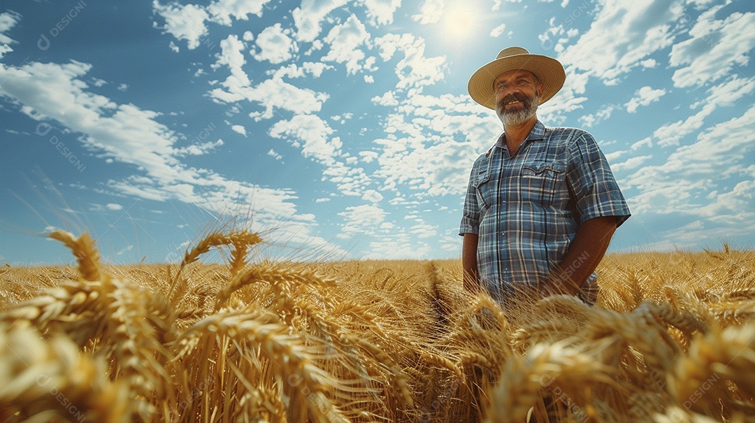 Um homem fazendeiro está em um campo de trigo dourado