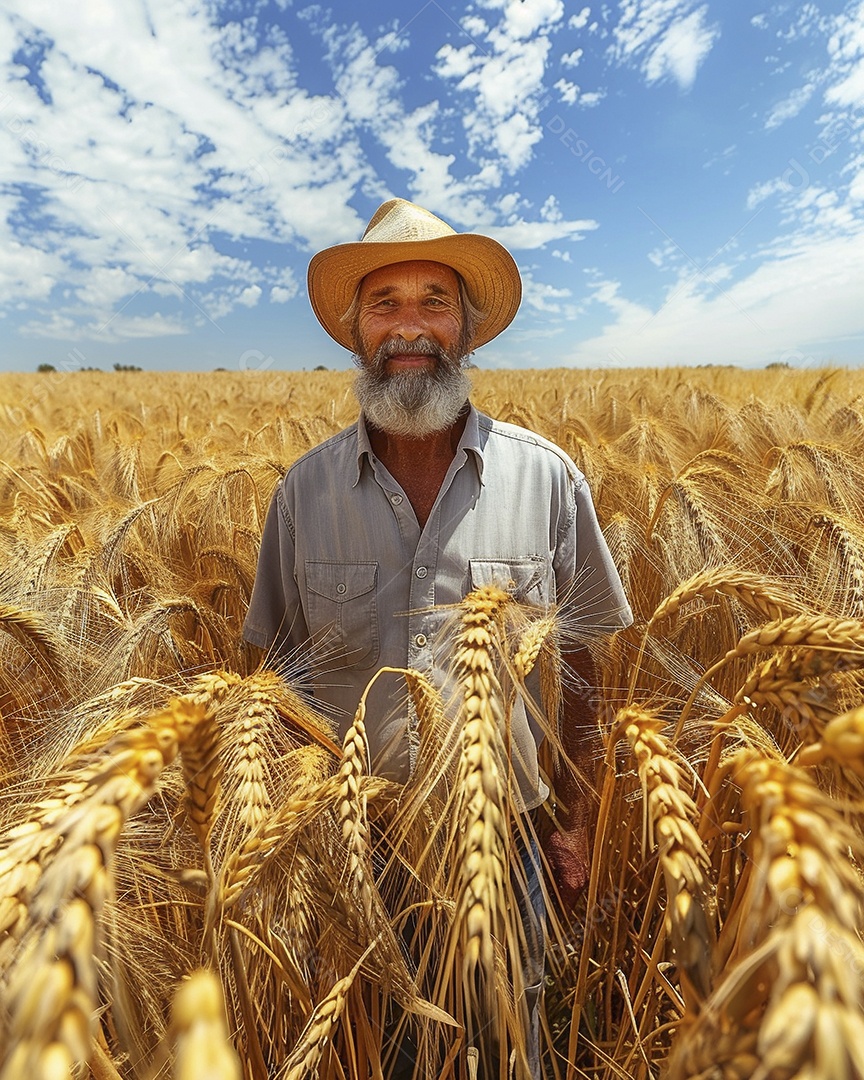 Um homem fazendeiro está em um campo de trigo dourado