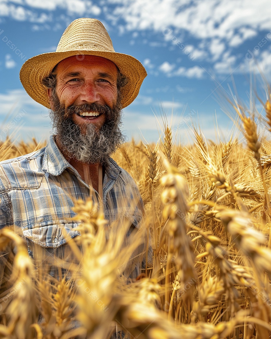 Um homem fazendeiro está em um campo de trigo dourado