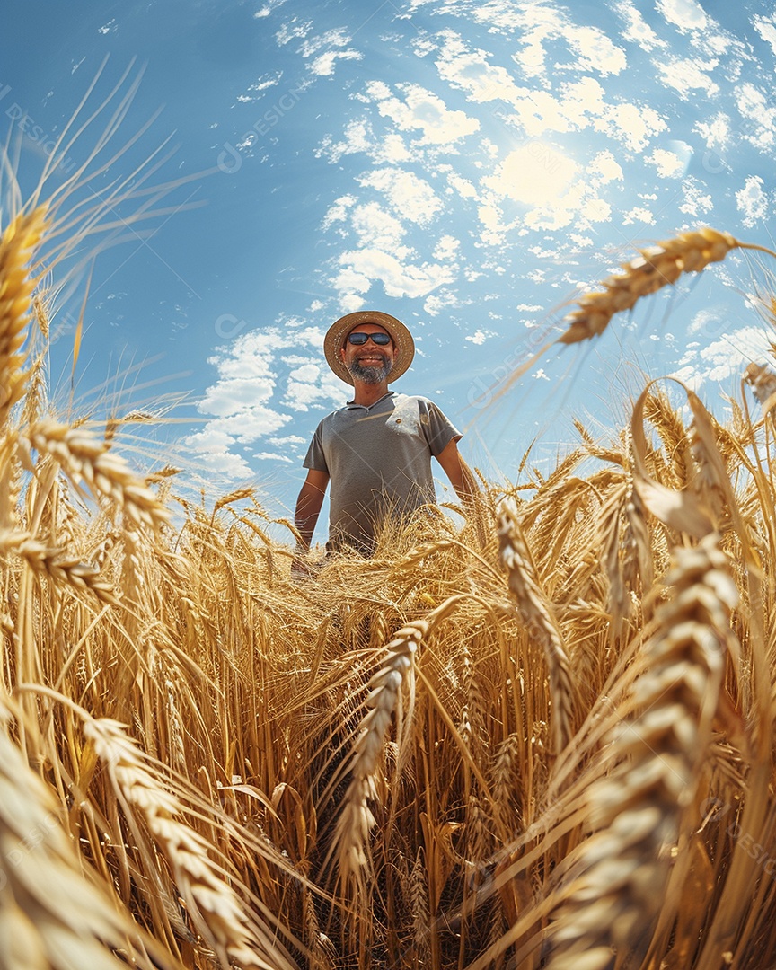 Um homem fazendeiro está em um campo de trigo dourado