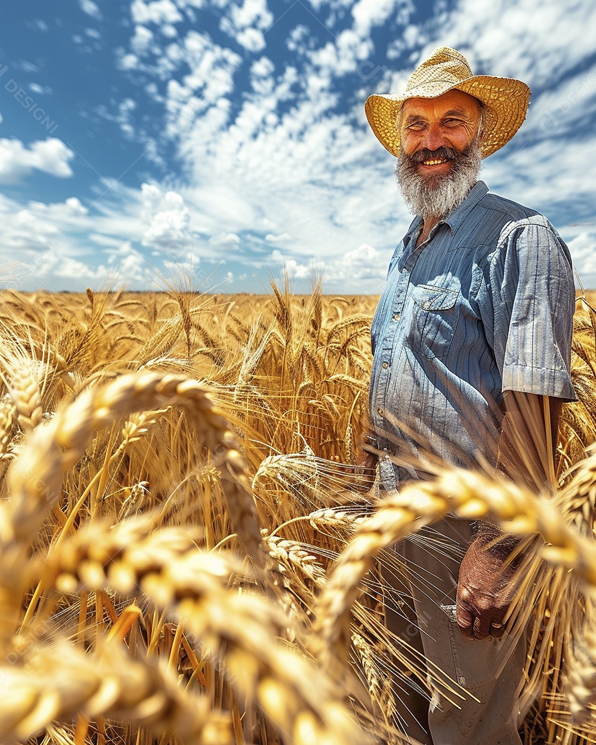 Um homem fazendeiro está em um campo de trigo dourado