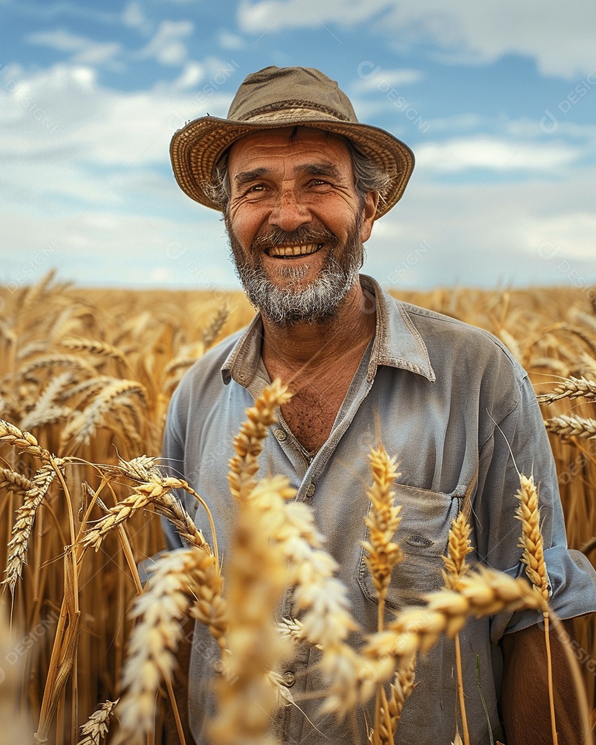 Um homem fazendeiro está em um campo de trigo dourado