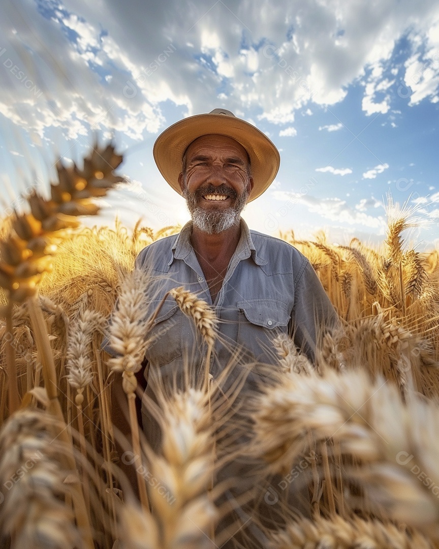 Um homem fazendeiro está em um campo de trigo dourado