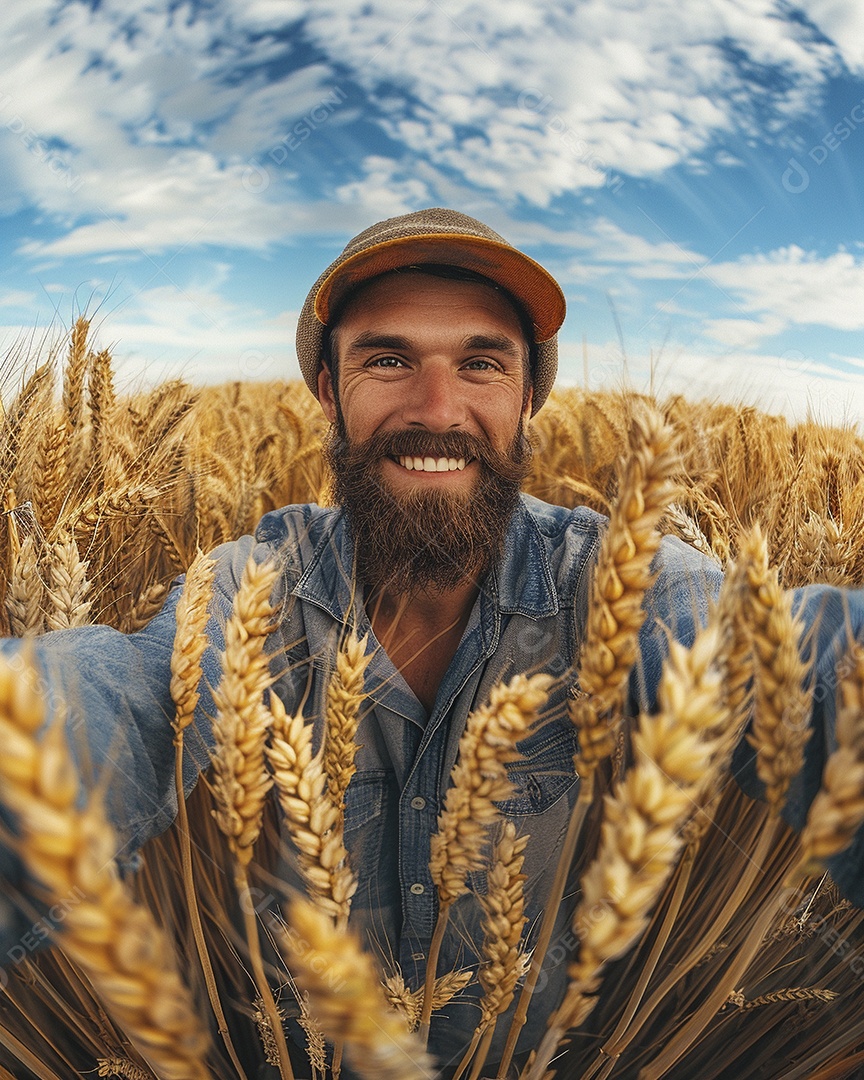 Um homem fazendeiro está em um campo de trigo dourado