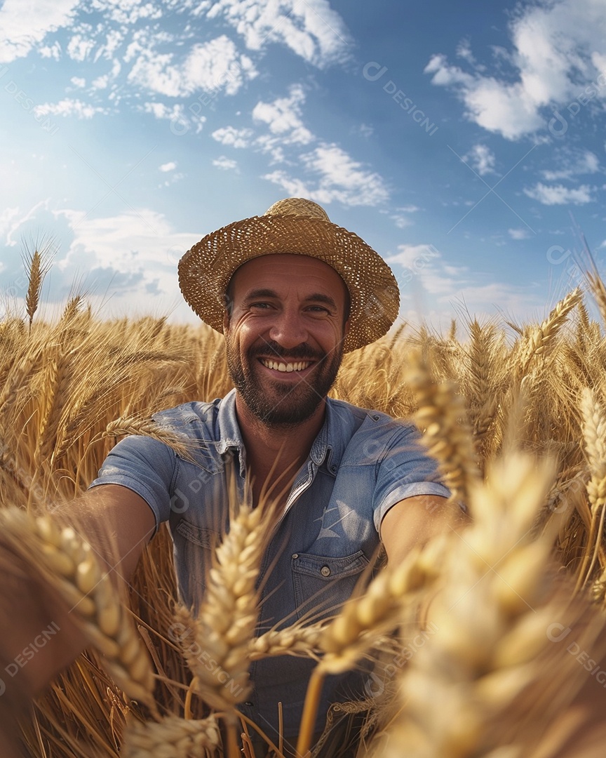 Um homem fazendeiro está em um campo de trigo dourado