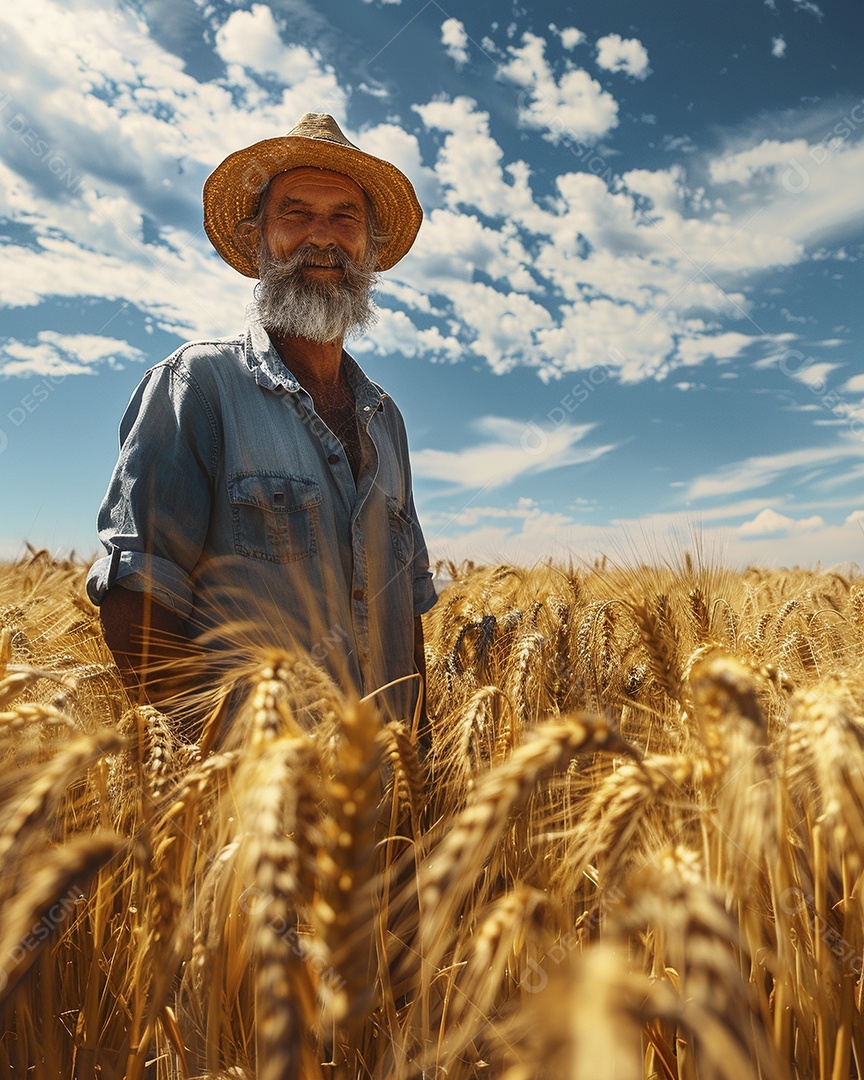 Um homem fazendeiro está em um campo de trigo dourado