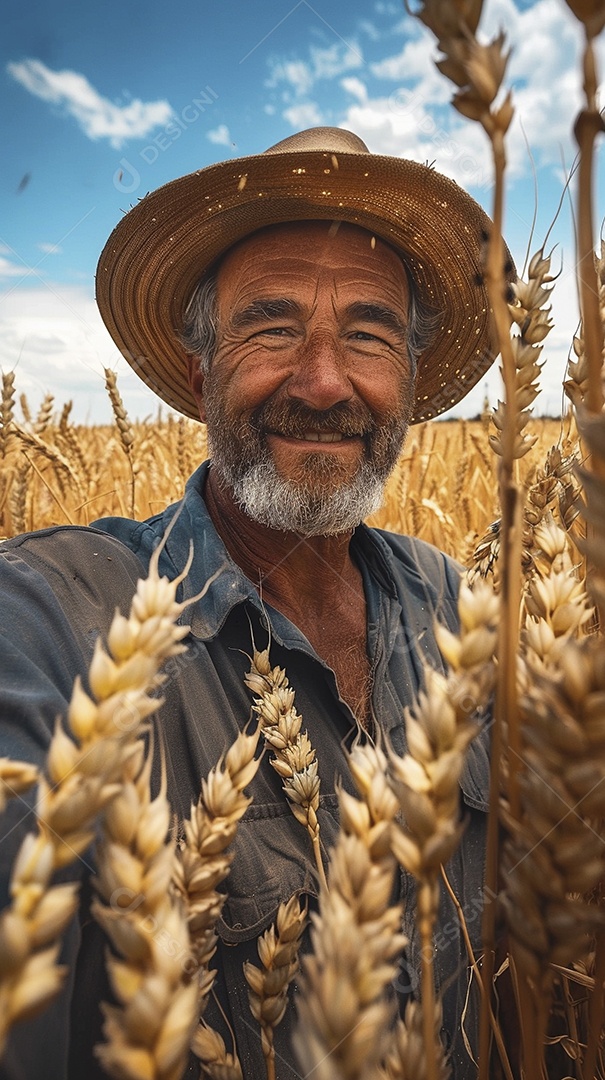Um homem fazendeiro está em um campo de trigo dourado