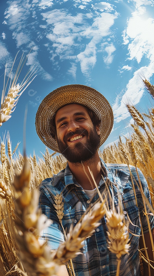 Um homem fazendeiro está em um campo de trigo dourado