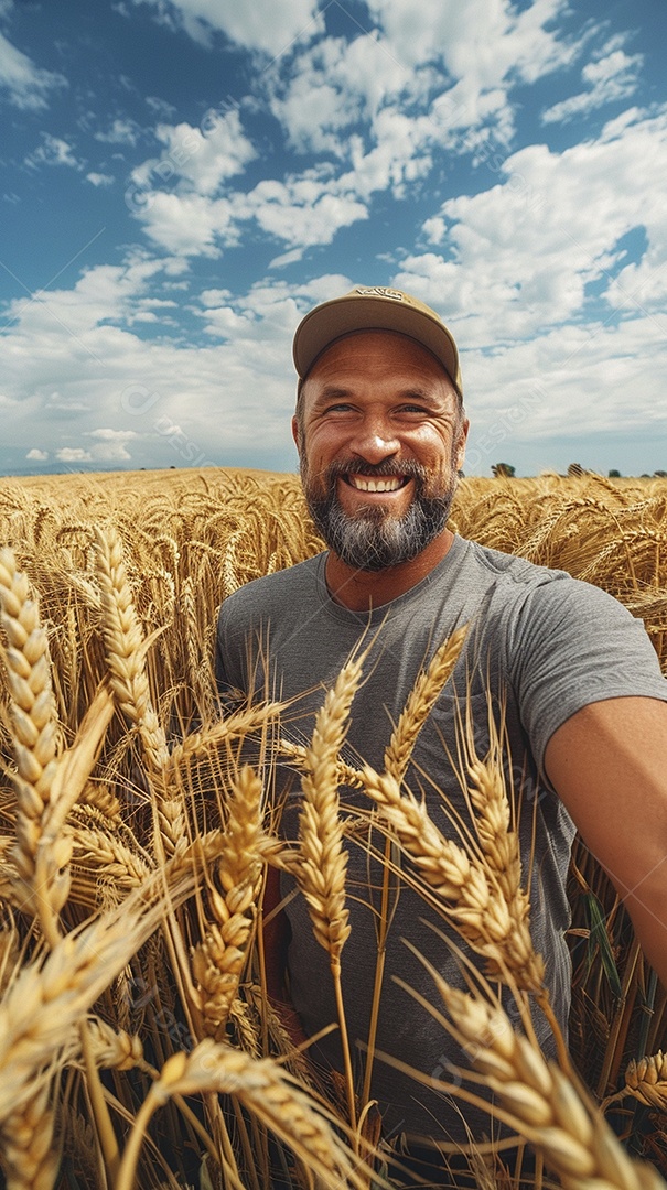 Um homem fazendeiro está em um campo de trigo dourado