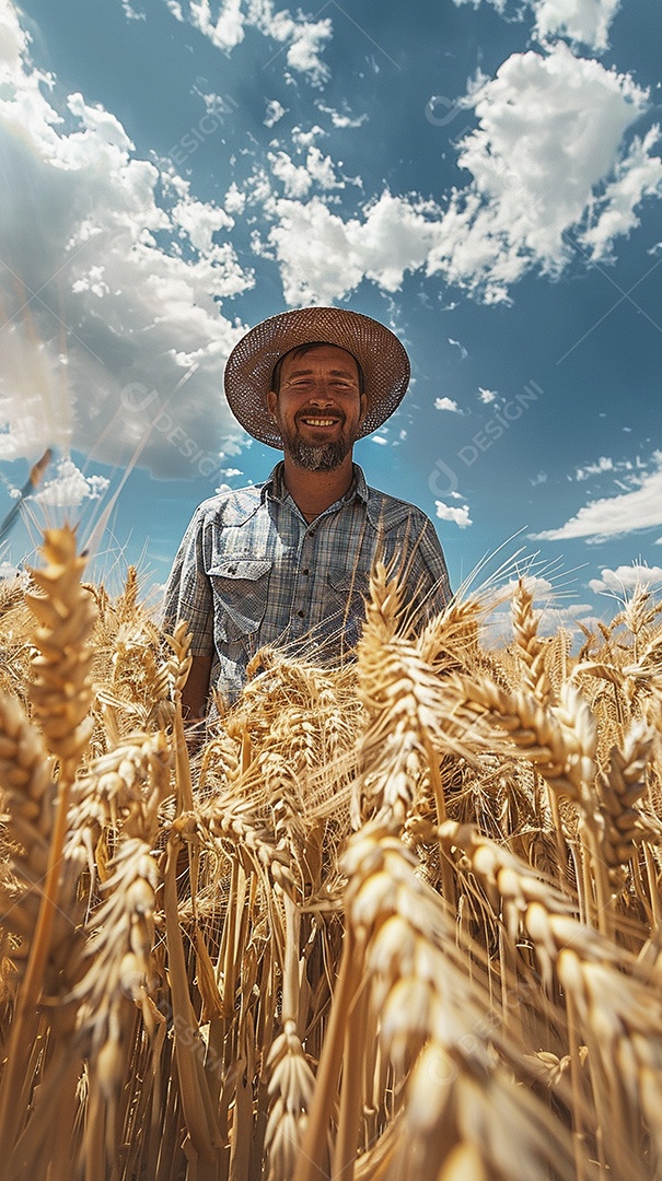 Um homem fazendeiro está em um campo de trigo dourado