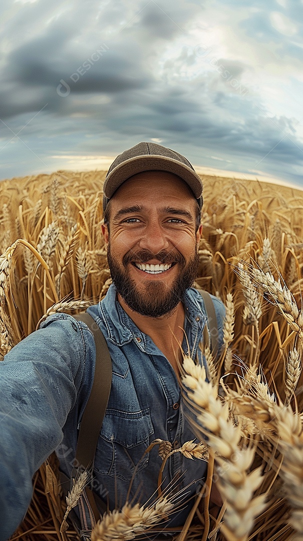 Um homem fazendeiro está em um campo de trigo dourado