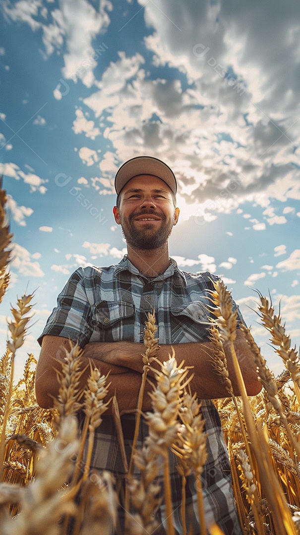 Um homem fazendeiro está em um campo de trigo dourado
