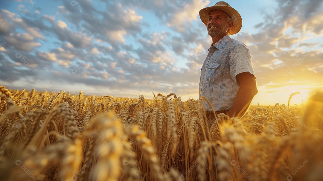 Um homem fazendeiro está em um campo de trigo dourado