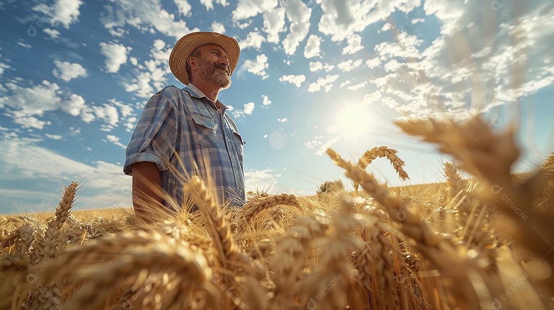 Um homem fazendeiro está em um campo de trigo dourado