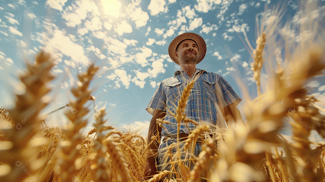 Um homem fazendeiro está em um campo de trigo dourado
